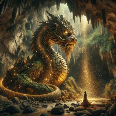 Primary subject: A dragon with a human figure in front of it.

Setting/background: A cave with a waterfall in the background.

Visual style: Digital art.

Colors and mood: The dragon is gold and green, while the human figure is in red. The overall atmosphere is mysterious and fantastical.